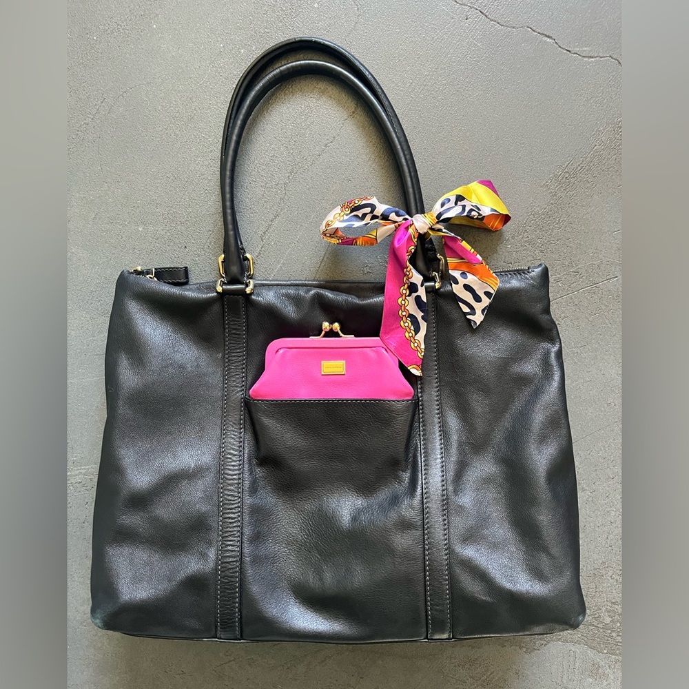 Dolce & Gabbana Black Leather Tote with Pink Wallet and Multicolor Scarf